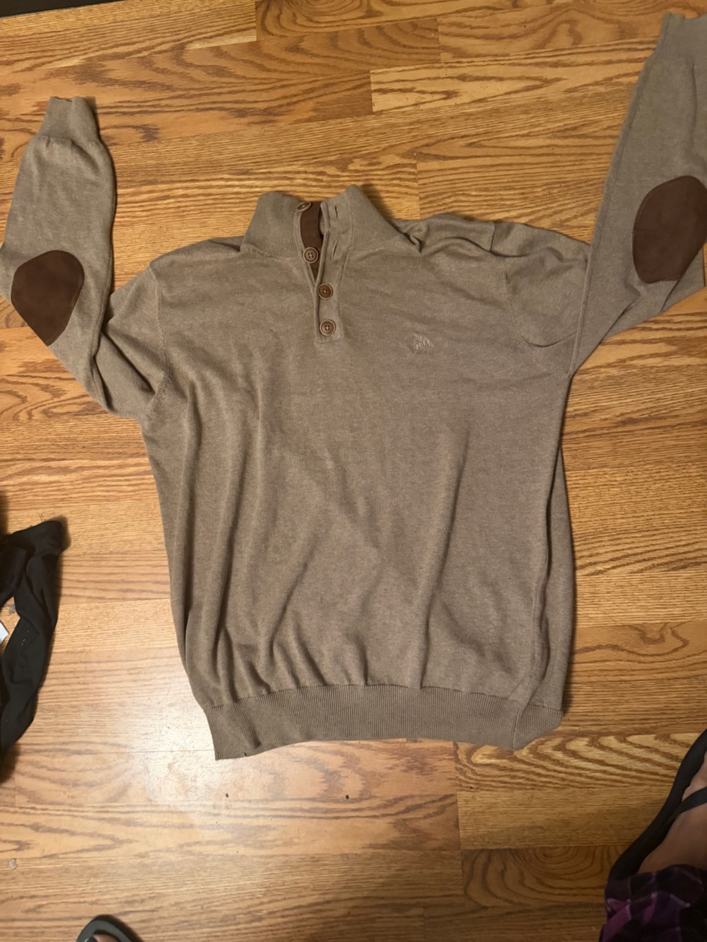 Men's Taupe Crewneck Button-Placket Sweater with Brown Elbow Patches